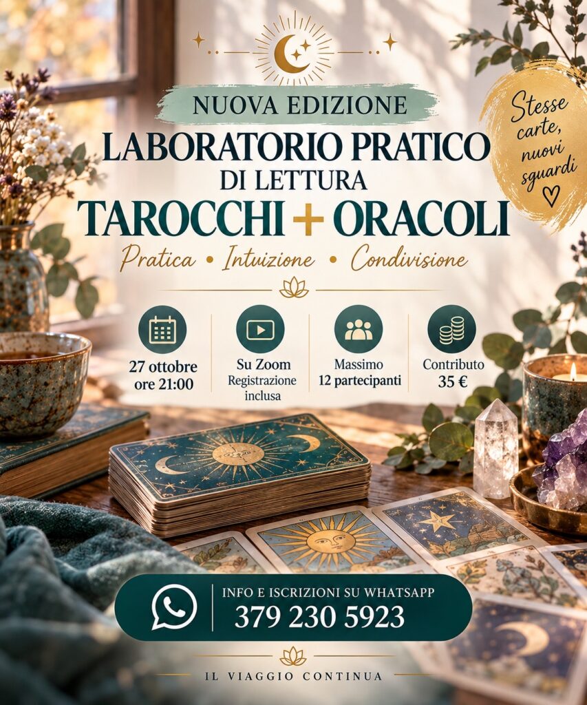 laboratorio pratico di lettura tarocchi e oracoli il 27 ottobre alle ore 21 su zoom